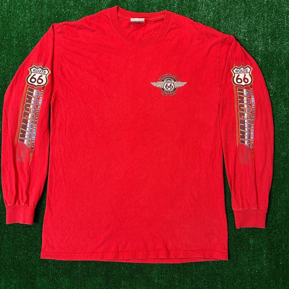 Hanes Route 66 Raceway Drag Strip Men M Red Long Sleeve Graphic T-Shirt